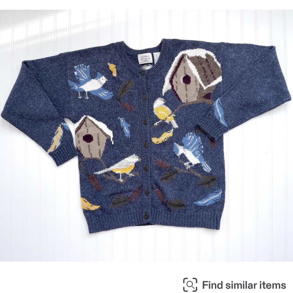 vtg Northern Treasures blue bird bird house wool blend cardigan sweater